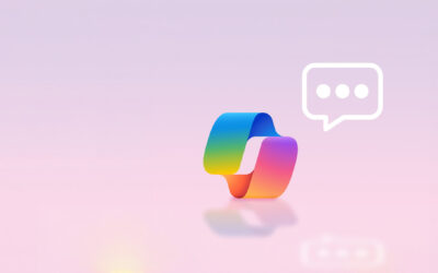 Copilot-hero - WYSIWYG Computers Colorful Power Automate ribbon on a pink gradient background with a white chat bubble and ellipsis.