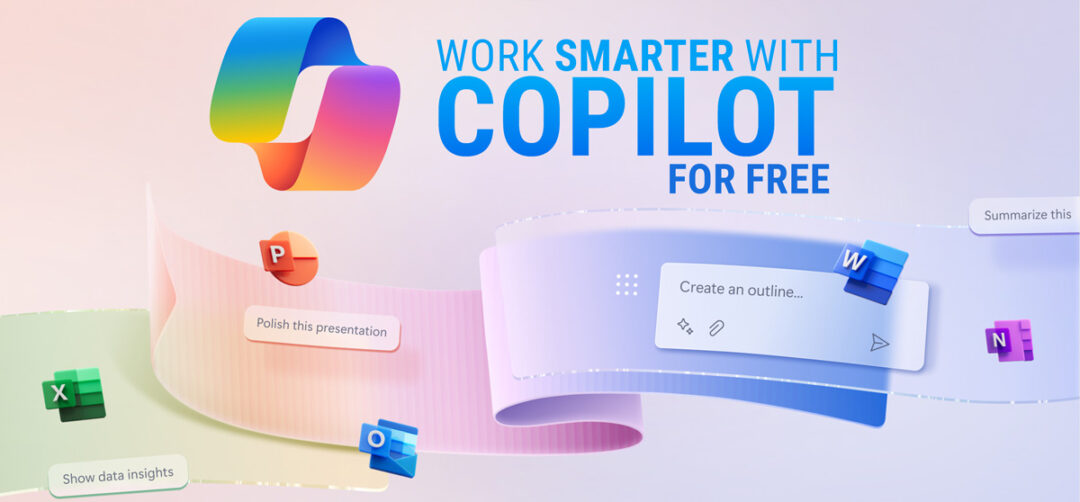 feature-image - WYSIWYG Computers Promotional banner: colorful ribbon with 'Work smarter with Copilot for free' and floating Office app icons.
