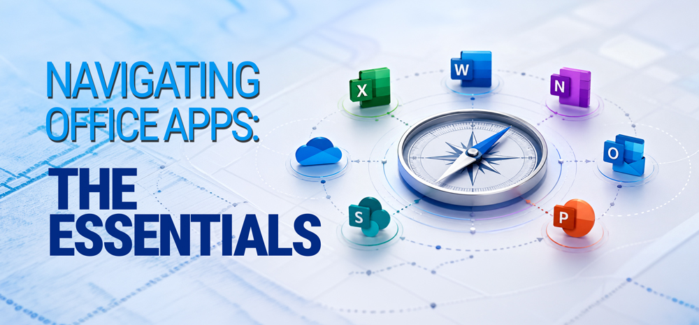 feature-image Compass surrounded by orbiting colorful Office app icons (Excel, Word, PowerPoint, Outlook, OneNote, etc.) for navigating Office apps: The Essentials.